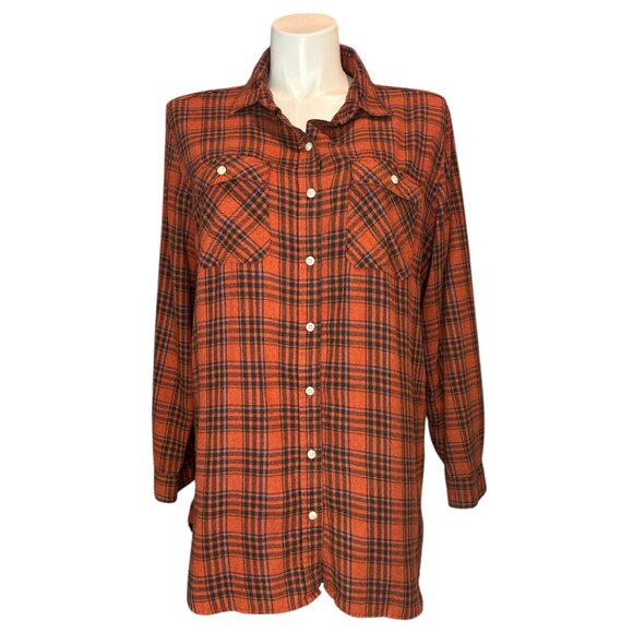 Flannel Boyfriend Fit Button Down Size XXL Long Sleeve Orange Casual Cotton Fall - Picture 1 of 11
